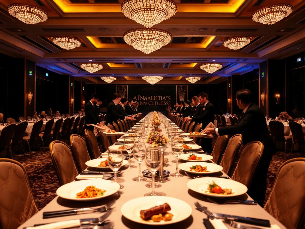 Waiters serving a plated corporate gala dinner