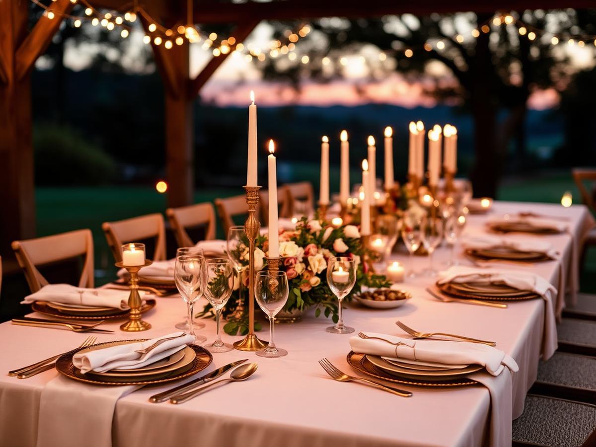 Candlelit luxury harvest table set for a wedding reception
